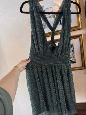 Lulu's Metallic Teal Pleated Backless V-Neck Dress